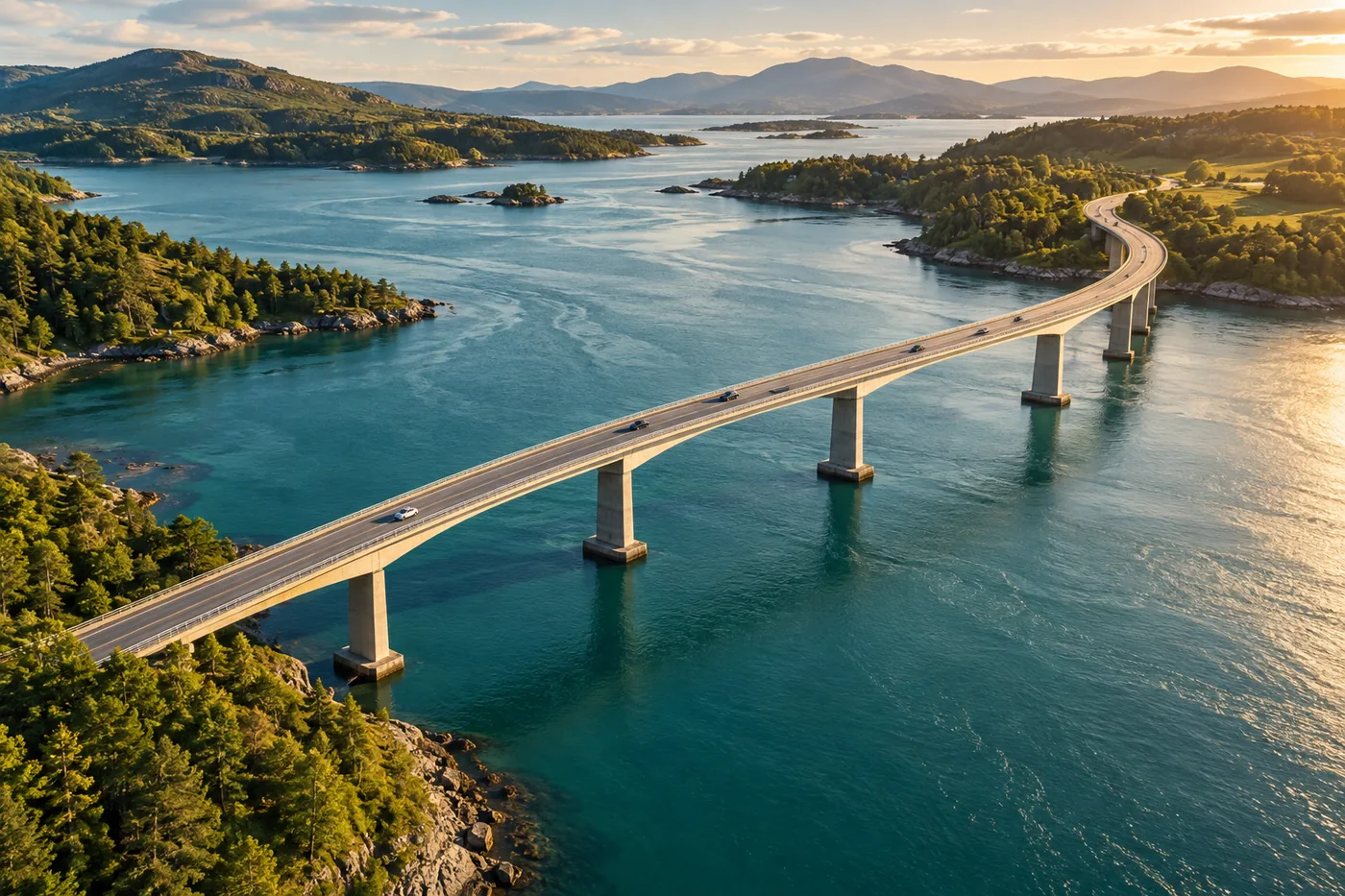 A sweeping road bridge connecting green banks across turquoise water