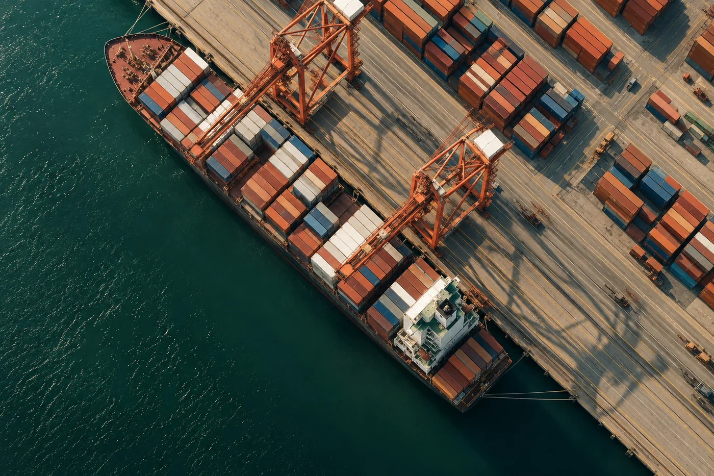 A cargo ship beside colorful container stacks and blue-green water in sunlight