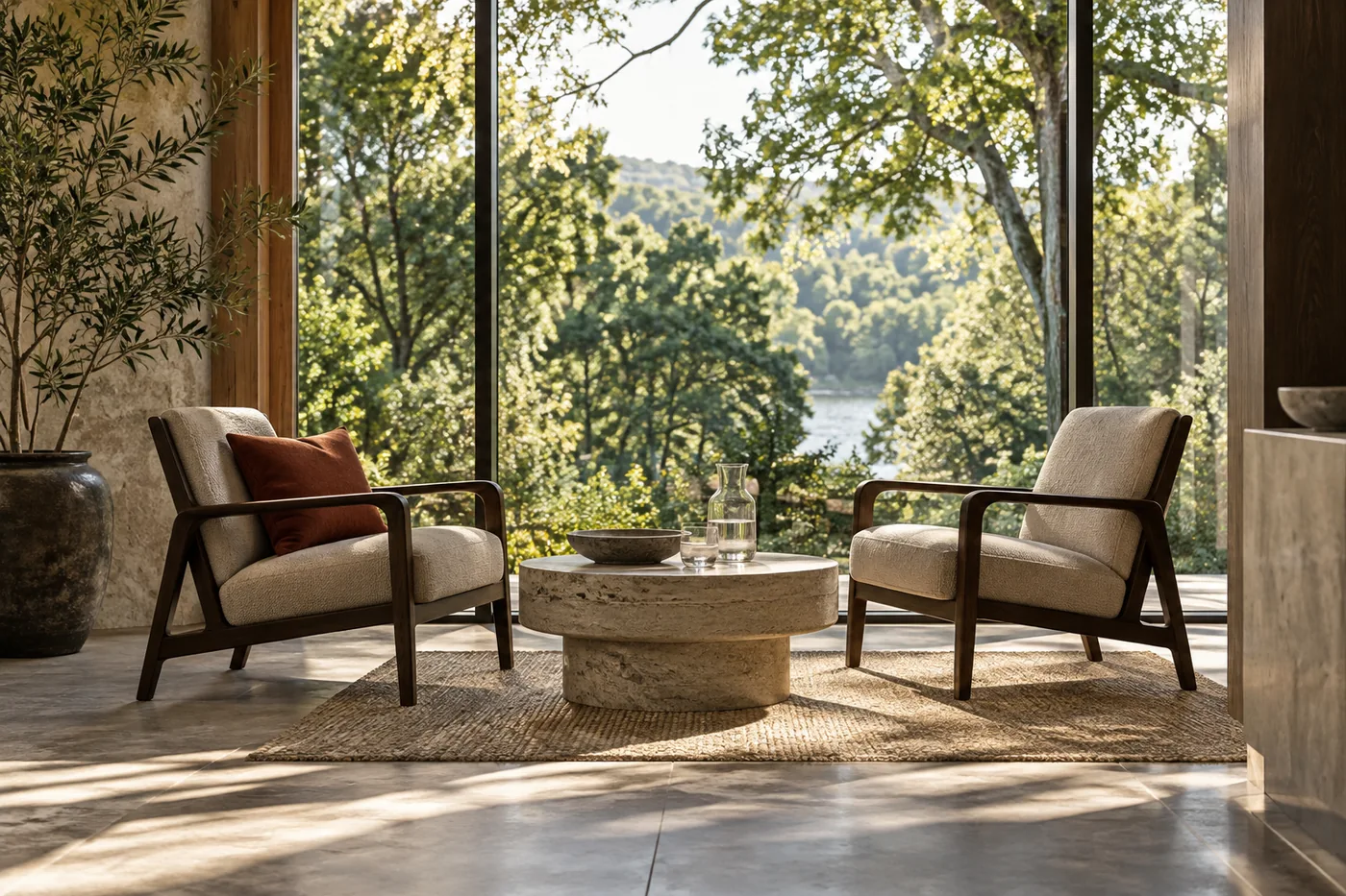 Two lounge chairs facing a low table in a sunlit room beside green foliage
