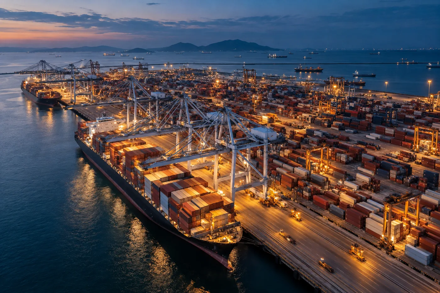 Container ships and cranes at a port at dusk