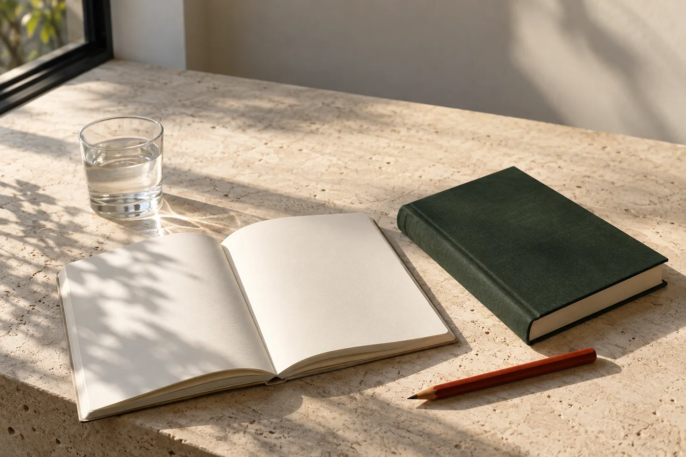 An open notebook and green book on a sunlit stone desk